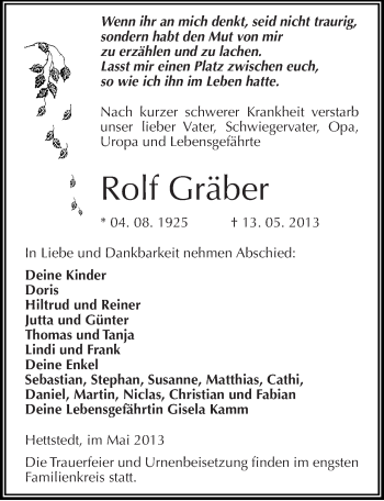 Traueranzeige von Rolf Gräber von Mitteldeutsche Zeitung Aschersleben