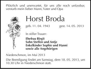 Traueranzeige von Horst Broda von Mitteldeutsche Zeitung Merseburg/Querfurt