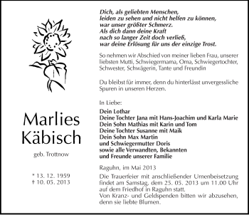 Traueranzeige von Marlies Käbisch von Mitteldeutsche Zeitung Bitterfeld
