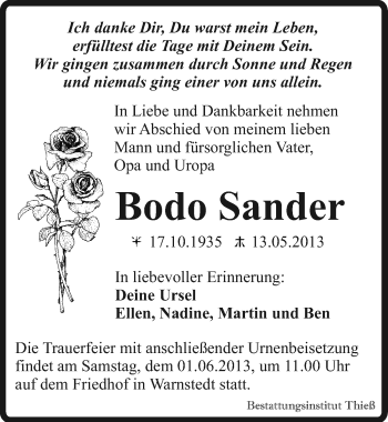 Traueranzeige von Bodo Sander von Mitteldeutsche Zeitung Quedlinburg