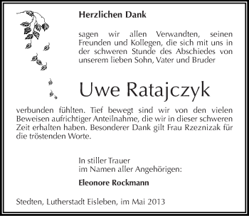 Traueranzeige von Uwe Ratajczyk von Mitteldeutsche Zeitung Aschersleben