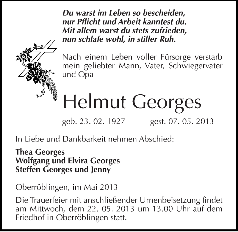  Traueranzeige für Helmut Georges vom 16.05.2013 aus Mitteldeutsche Zeitung Sangerhausen