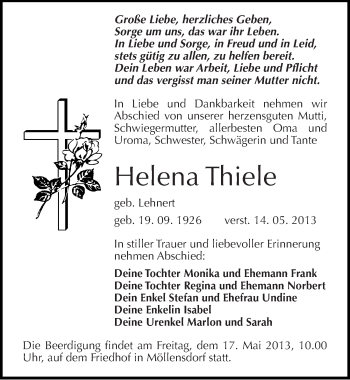Traueranzeige von Helena Thiele von Mitteldeutsche Zeitung Wittenberg