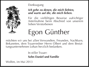 Traueranzeige von Egon Günther von Mitteldeutsche Zeitung Bitterfeld