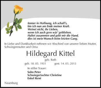 Traueranzeige von Hildegard Kittel von Mitteldeutsche Zeitung Naumburg/Nebra