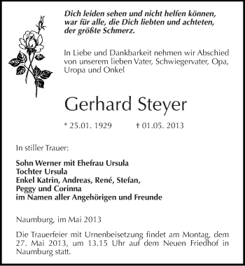Traueranzeige von Gerhard Steyer von Mitteldeutsche Zeitung Naumburg/Nebra