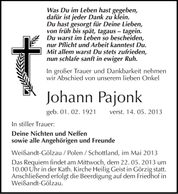 Traueranzeige von Johann Pajonk von Mitteldeutsche Zeitung Köthen