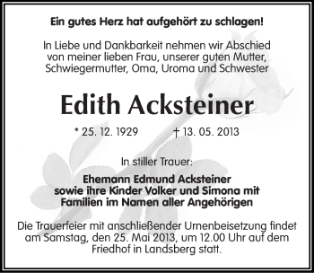 Traueranzeige von Edith Acksteiner von Mitteldeutsche Zeitung Halle/Saalkreis