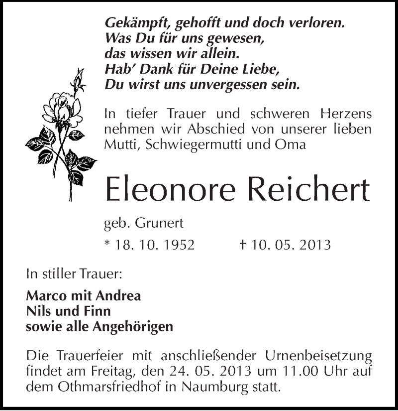  Traueranzeige für Eleonore Reichert vom 16.05.2013 aus Mitteldeutsche Zeitung Naumburg/Nebra