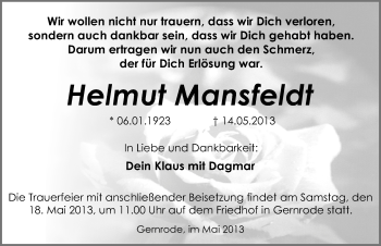 Traueranzeige von Helmut Mansfeldt von Mitteldeutsche Zeitung Quedlinburg