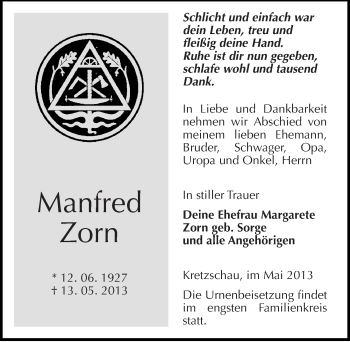 Traueranzeige von Manfred Zorn von Mitteldeutsche Zeitung Zeitz
