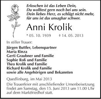 Traueranzeige von Anni Krolik von Mitteldeutsche Zeitung Quedlinburg
