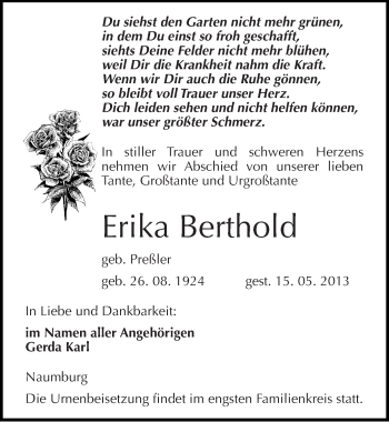 Traueranzeige von Erika Berthold von Mitteldeutsche Zeitung Naumburg/Nebra