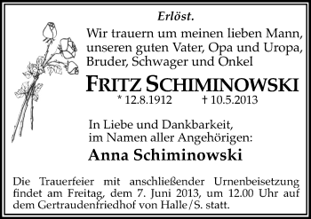 Traueranzeige von Fritz Schiminowski von Mitteldeutsche Zeitung Halle/Saalkreis