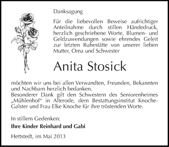 Traueranzeige von Anita Stosick von Mitteldeutsche Zeitung Aschersleben