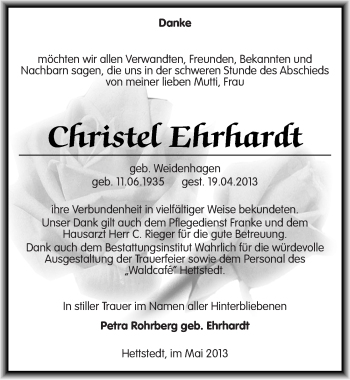 Traueranzeige von Christel Ehrhardt von Mitteldeutsche Zeitung Aschersleben
