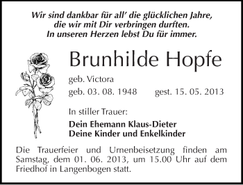 Traueranzeige von Brunhilde Hopfe von Mitteldeutsche Zeitung Halle/Saalkreis
