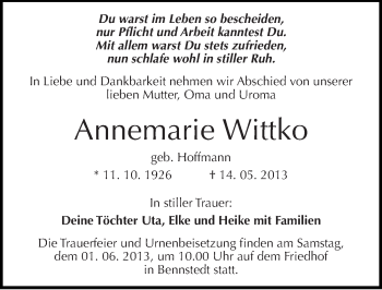 Traueranzeige von Annemarie Wittko von Mitteldeutsche Zeitung Halle/Saalkreis