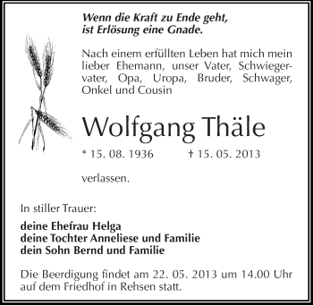 Traueranzeige von Wolfgang Thäle von Mitteldeutsche Zeitung Wittenberg