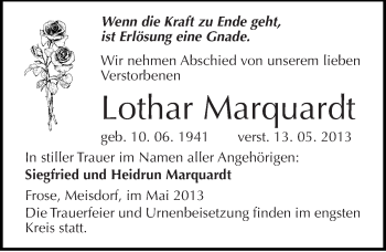 Traueranzeige von Lothar Marquardt von Mitteldeutsche Zeitung Quedlinburg