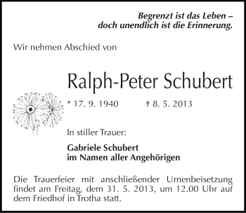 Traueranzeige von Ralph-Peter Schubert von Mitteldeutsche Zeitung Halle/Saalkreis