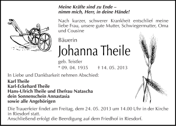 Traueranzeige von Johanna Theile von Mitteldeutsche Zeitung Köthen