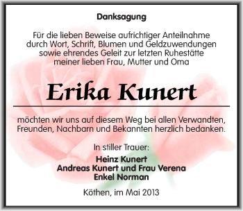 Traueranzeige von Erika Kunert von Mitteldeutsche Zeitung Köthen