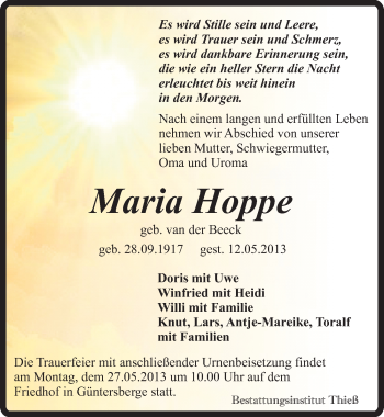 Traueranzeige von Maria Hoppe von Mitteldeutsche Zeitung Quedlinburg
