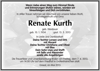 Traueranzeige von Renate Kurth von Mitteldeutsche Zeitung Wittenberg