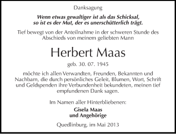 Traueranzeige von Herbert Maas von Mitteldeutsche Zeitung Quedlinburg