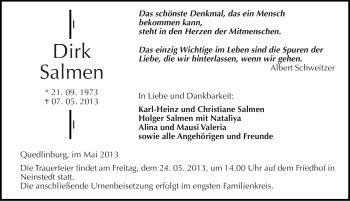 Traueranzeige von Dirk Salmen von Mitteldeutsche Zeitung Quedlinburg