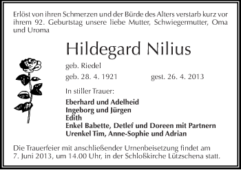 Traueranzeige von Hildegard Nilius von Mitteldeutsche Zeitung