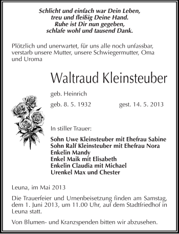Traueranzeige von Waltraud Kleinsteuber von Mitteldeutsche Zeitung Merseburg/Querfurt