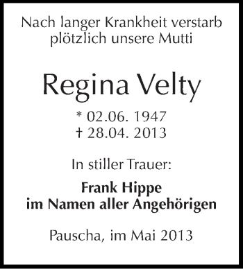 Traueranzeige von Regina Velty von Mitteldeutsche Zeitung