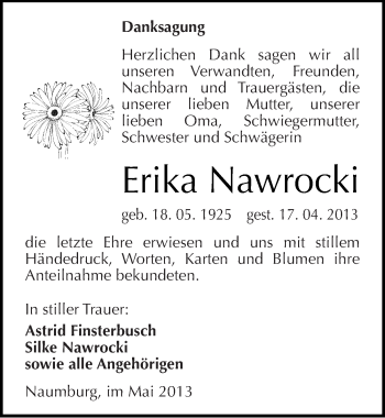 Traueranzeige von Erika Nawrocki von Mitteldeutsche Zeitung Naumburg/Nebra