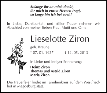 Traueranzeige von Lieselotte Ziron von Mitteldeutsche Zeitung Köthen