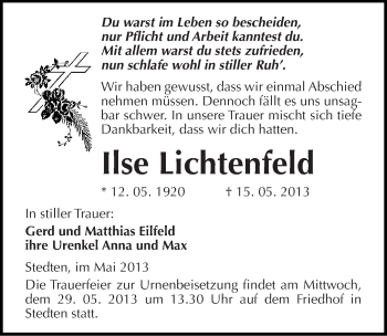 Traueranzeige von Ilse Lichtenfeld von Mitteldeutsche Zeitung Aschersleben