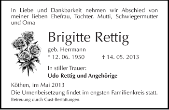 Traueranzeige von Brigitte Rettig von Mitteldeutsche Zeitung Köthen