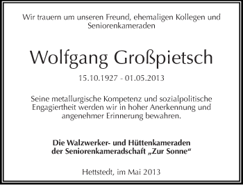 Traueranzeige von Wolfgang Großpietsch von Mitteldeutsche Zeitung Aschersleben
