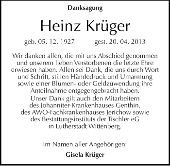 Traueranzeige von Heinz Krüger von Mitteldeutsche Zeitung Wittenberg