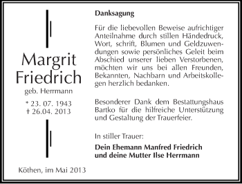 Traueranzeige von Margrit Friedrich von Mitteldeutsche Zeitung Köthen