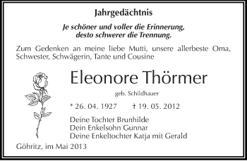 Traueranzeige von Eleonore Thörmer von Mitteldeutsche Zeitung Merseburg/Querfurt