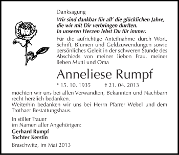 Traueranzeige von Anneliese Rumpf von Mitteldeutsche Zeitung Halle/Saalkreis