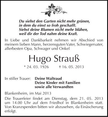 Traueranzeige von Hugo Strauß von Mitteldeutsche Zeitung Sangerhausen