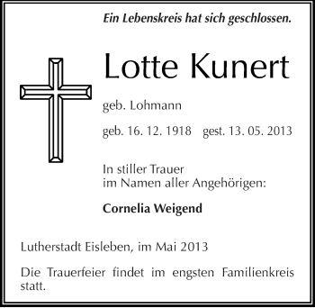 Traueranzeige von Lotte Kunert von Mitteldeutsche Zeitung Aschersleben