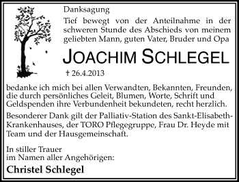Traueranzeige von Joachim Schlegel von Mitteldeutsche Zeitung Halle/Saalkreis