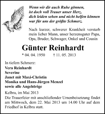 Traueranzeige von Günter Reinhardt von Mitteldeutsche Zeitung Sangerhausen