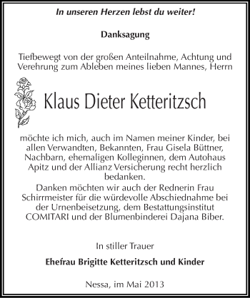 Traueranzeige von Klaus Dieter Ketteritzsch von Mitteldeutsche Zeitung Weißenfels