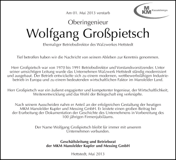 Traueranzeige von Wolfgang Großpietsch von Mitteldeutsche Zeitung Aschersleben