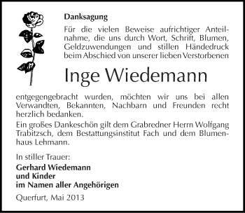 Traueranzeige von Inge Wiedemann von Mitteldeutsche Zeitung Merseburg/Querfurt